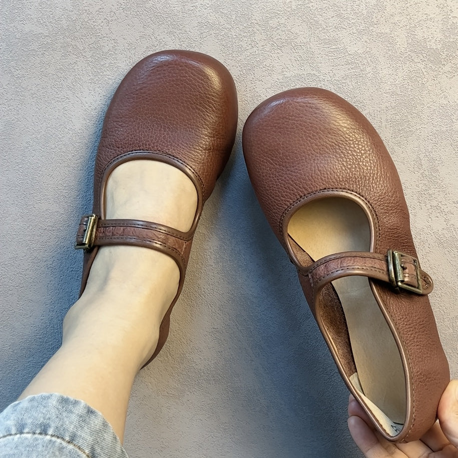 Women's Leather Mary Jane Flats Casual Shoes Adjustable Strap Lightweight