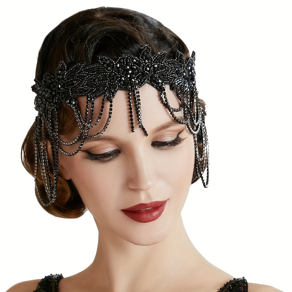 Black Beaded Flapper Headband 1920s Gatsby Inspired Hair Accessory for Women