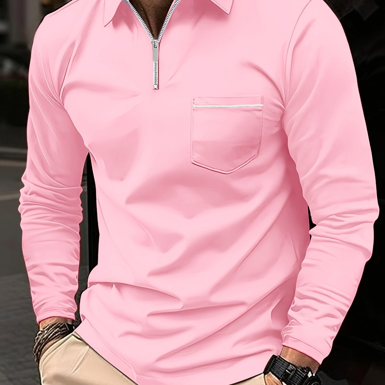 Men's Long Sleeve Solid Zipper Shirt with Lapel Collar and Chest Pocket for Spring Fall Outdoor Wear