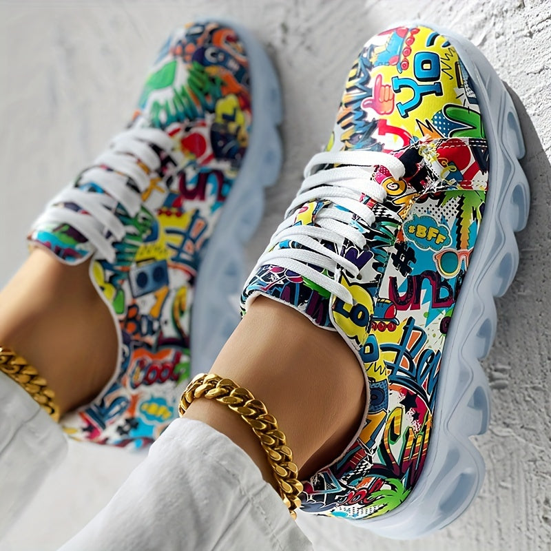 Women's Canvas Sneakers Casual Low Top Outdoor Shoes with Graffiti Pattern