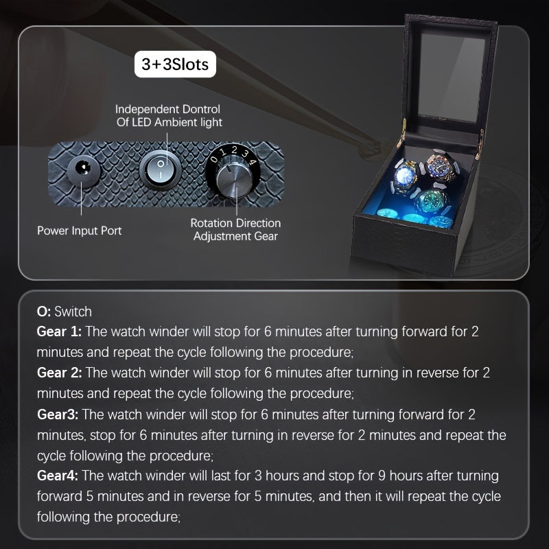 Avtomatik soatlar uchun 3/6 joyli, LED orqa yoritish va yumshoq yostiqchali hashamatli soat aylantiruvchi.