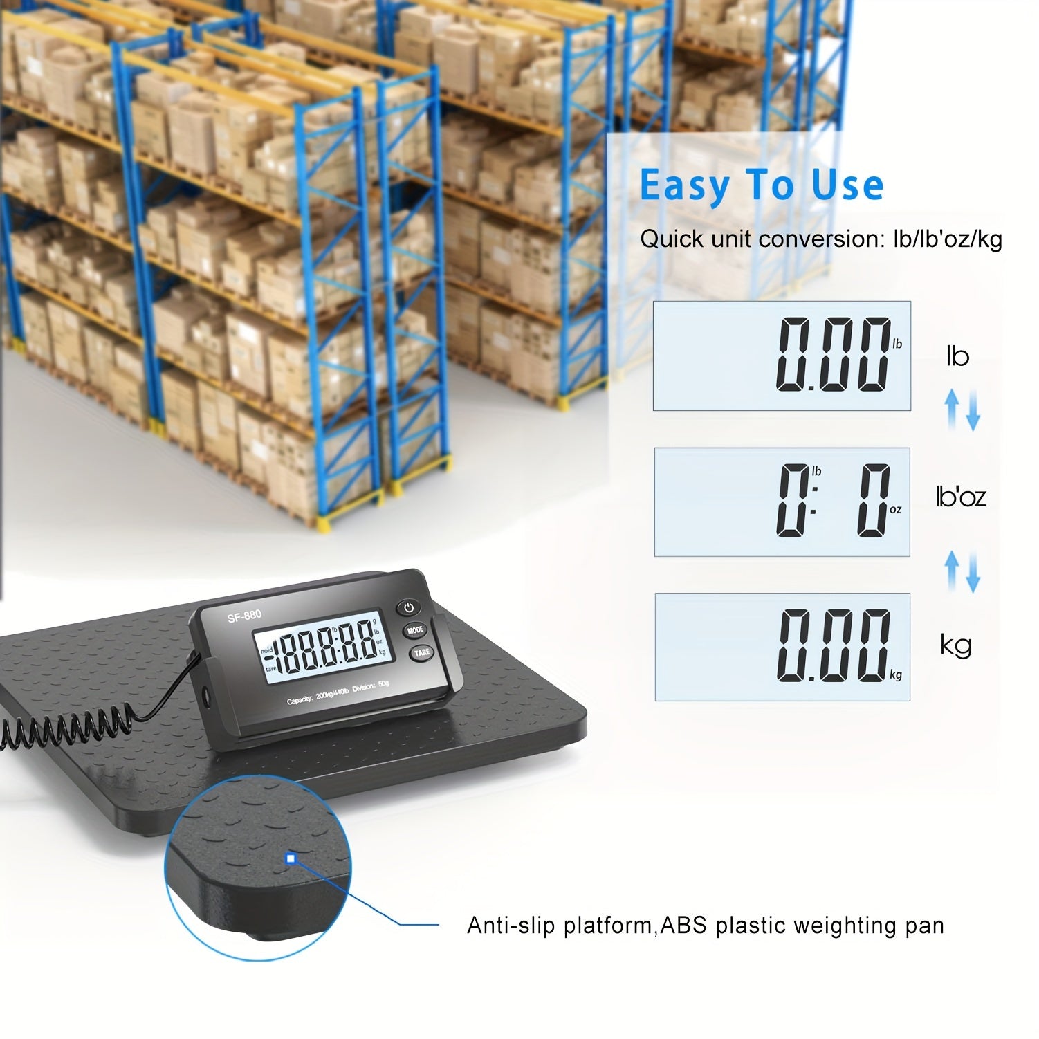 Digital Postal Scale 200kg Capacity with Large LCD Display Anti-Slip ABS Platform and Auto Zero