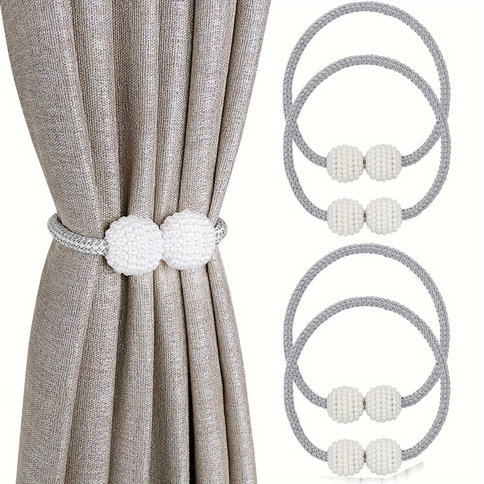 Set of Four Magnetic Curtain Tiebacks with Pearl Ball Decor for Living Room and Bedroom