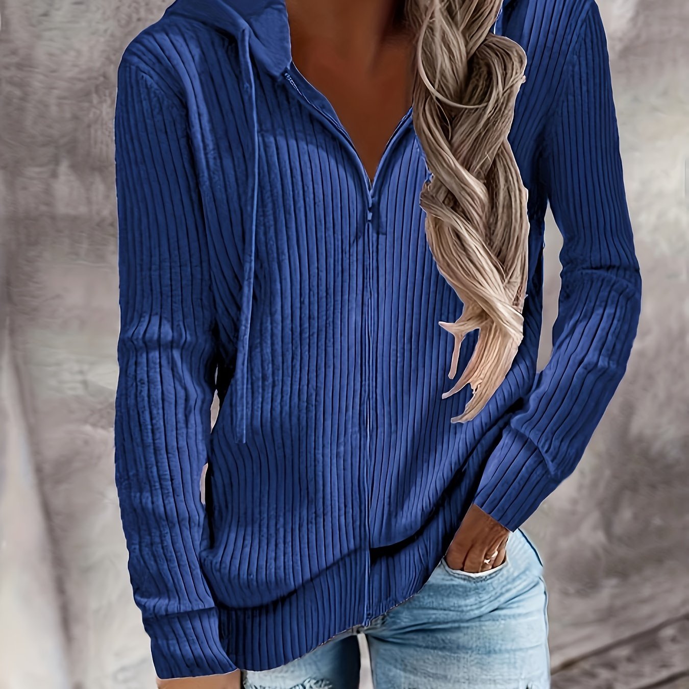 Plus Size Women's Autumn Winter Striped Hoodie with Zipper Long Sleeve Pullover