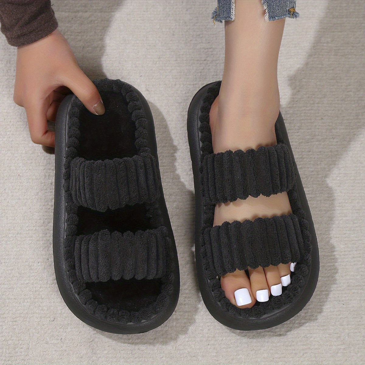 Women's Plush Slippers Open Toe Non Slip Indoor Platform Slides