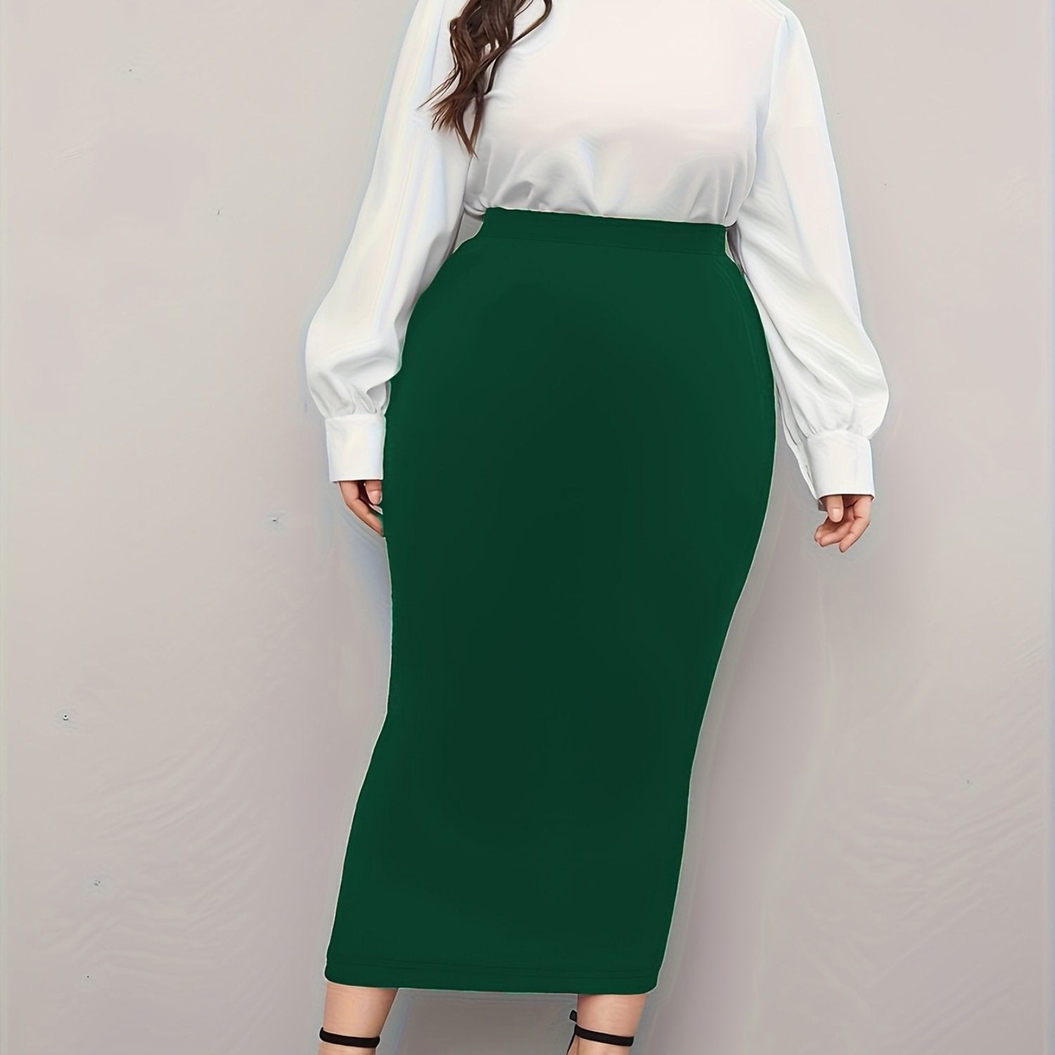 Plus Size Midi Pencil Skirt Polyester Knit Solid Color Straight Cut