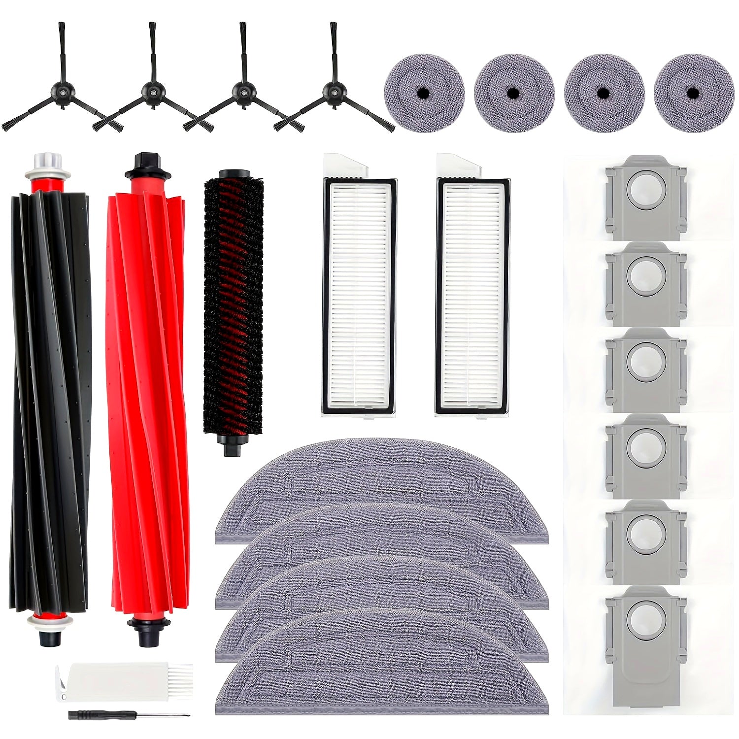 Roborock S8 Max/MaxV Ultra Robot Tozalash Vositalari To'plami, 24 dona to'plamga asosiy cho'tka, aylanuvchi cho'tka, 2 ta HEPA filtri, 4 ta yon cho'tka, 4 ta mopa mato, chet mop mato, 6 ta chang sumkasi kiradi -