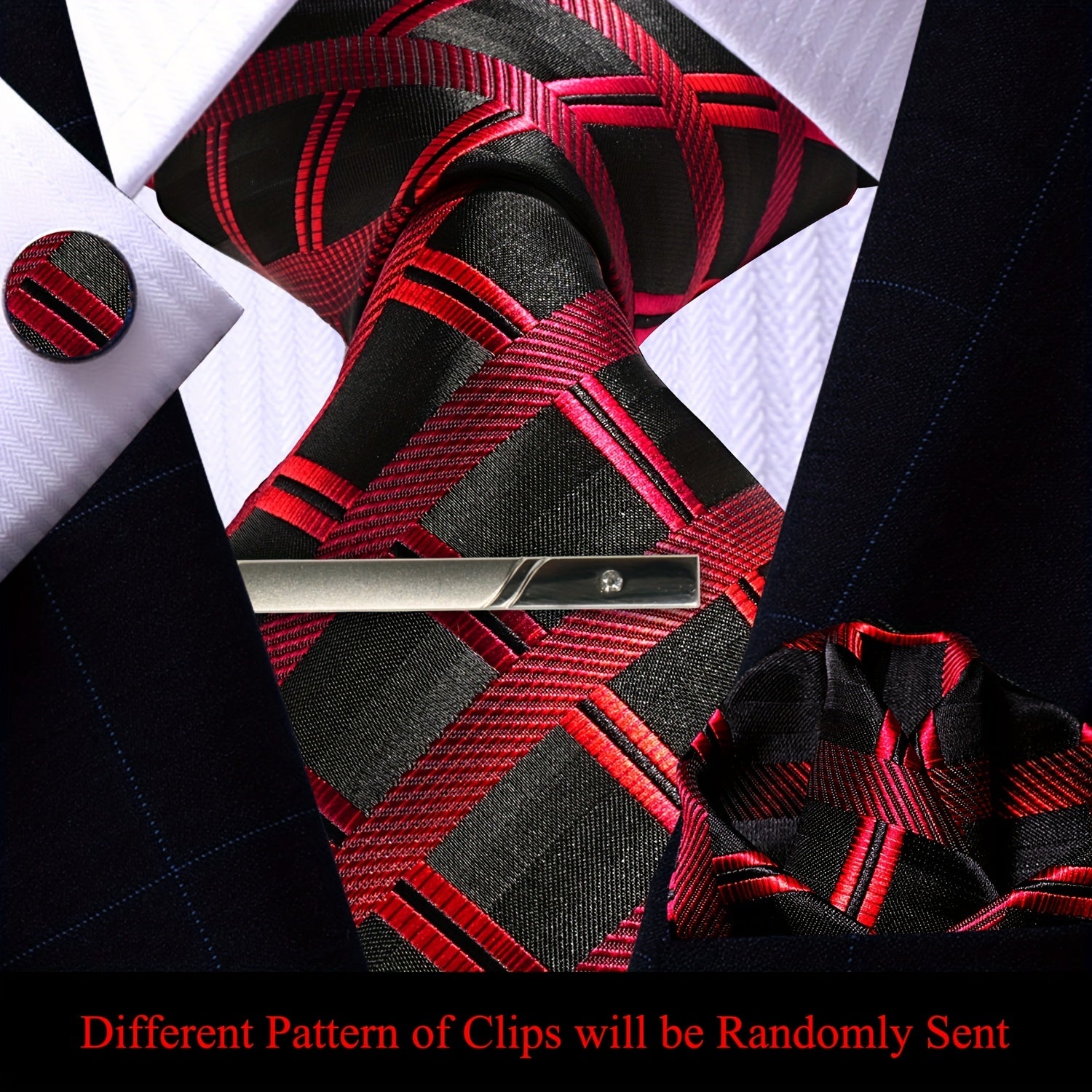 Men's Plaid Tie Pocket Square Cufflinks and Clip Set
