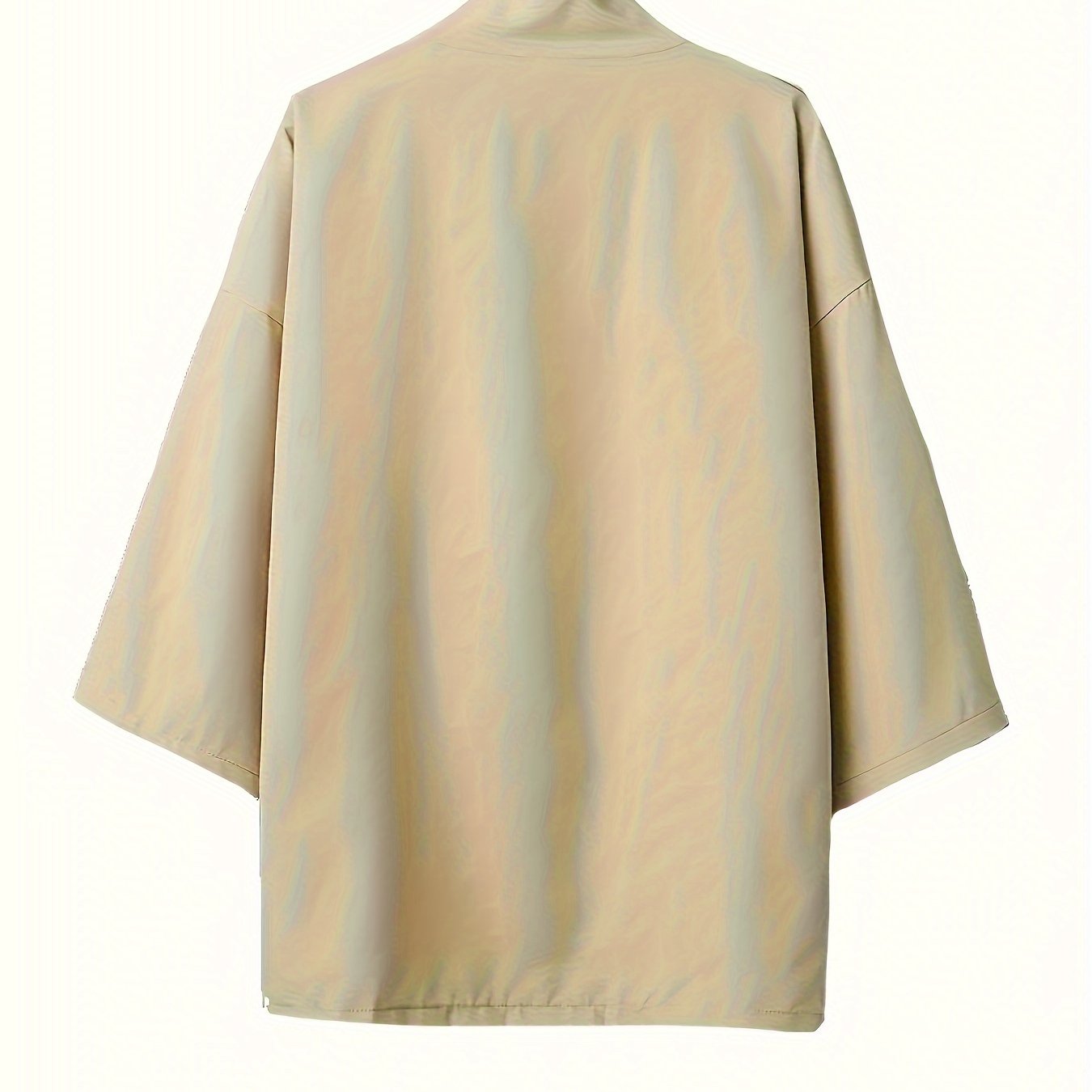 Yengil poliester yapon kimonosi kardigani erkaklar uchun mustahkam xantal sariq rangda, yarim yenglari va ochiq old qismi bilan. Yozgi tasodifiy kiyim uchun mos, yetuk estetikaga ega. O'z ichiga oladi