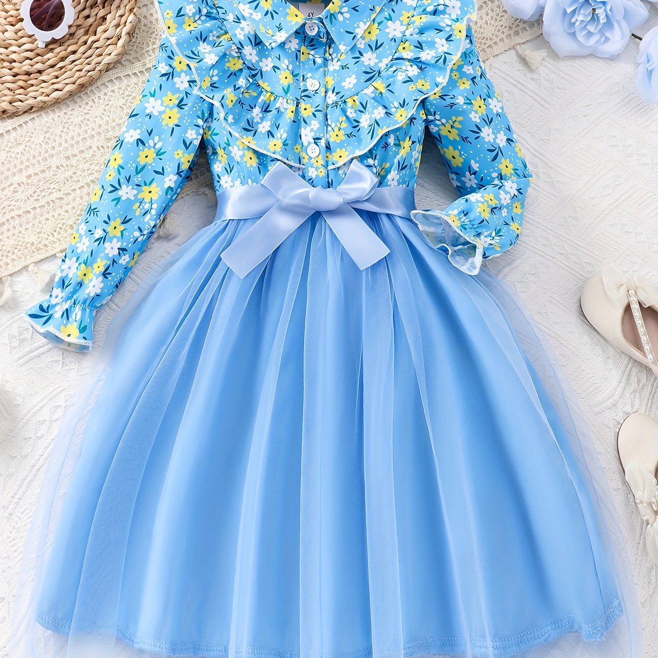 Girls' Long Sleeve Floral Ruffle Dress for Fall and Winter Holidays