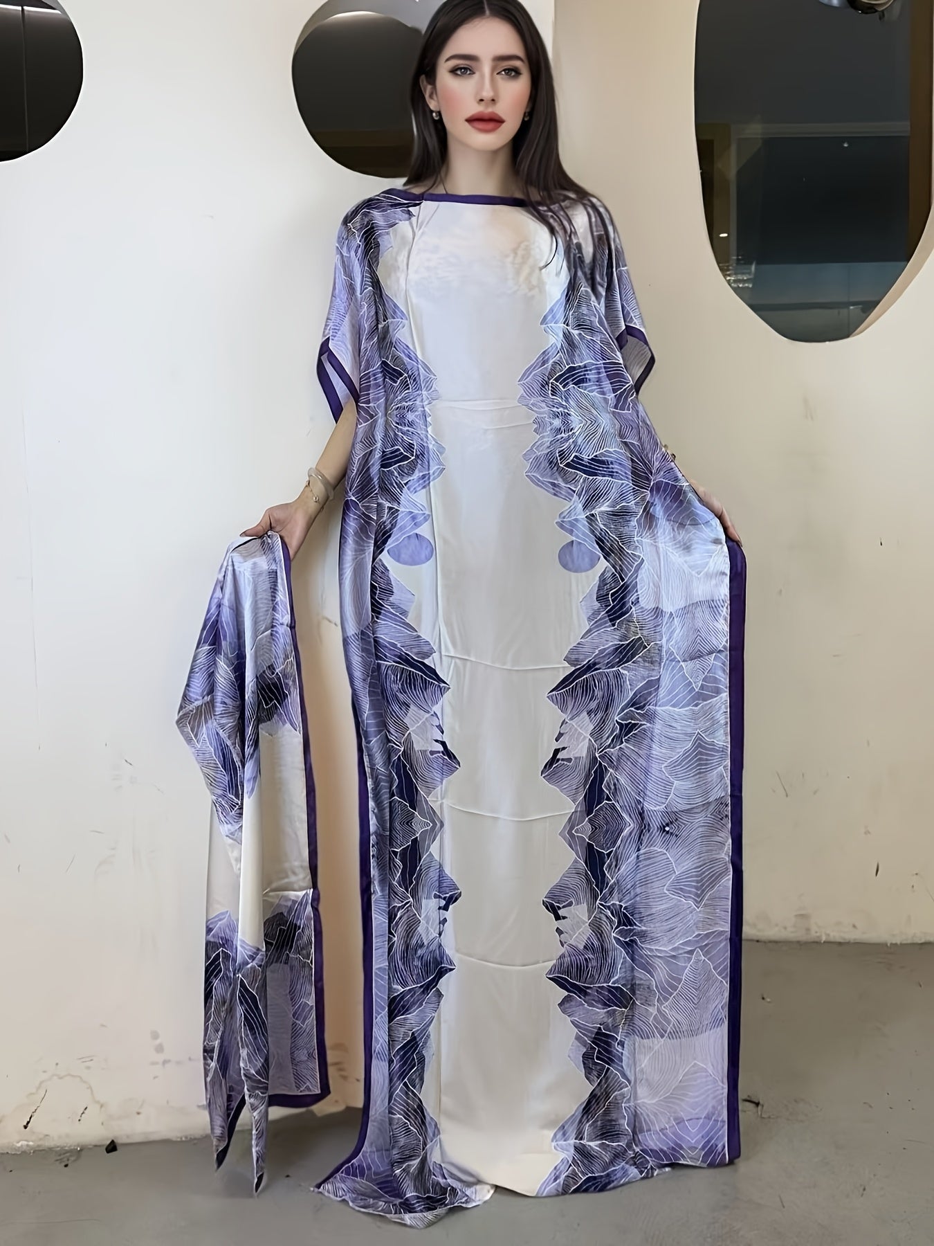 Ayollar uchun gul bosimli boat neck abaya maxi kiyi batwing ko'krakli bilan