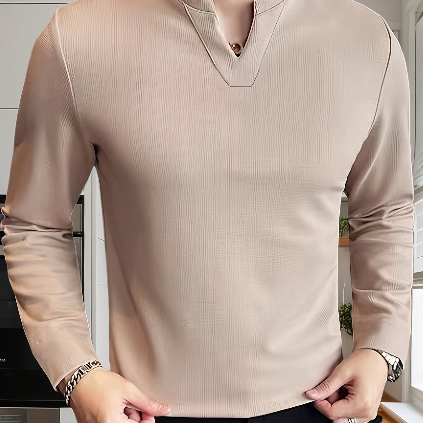 Camiseta de manga larga con cuello en V para hombre, mezcla de poliéster, color sólido, transpirable, casual, primavera y otoño