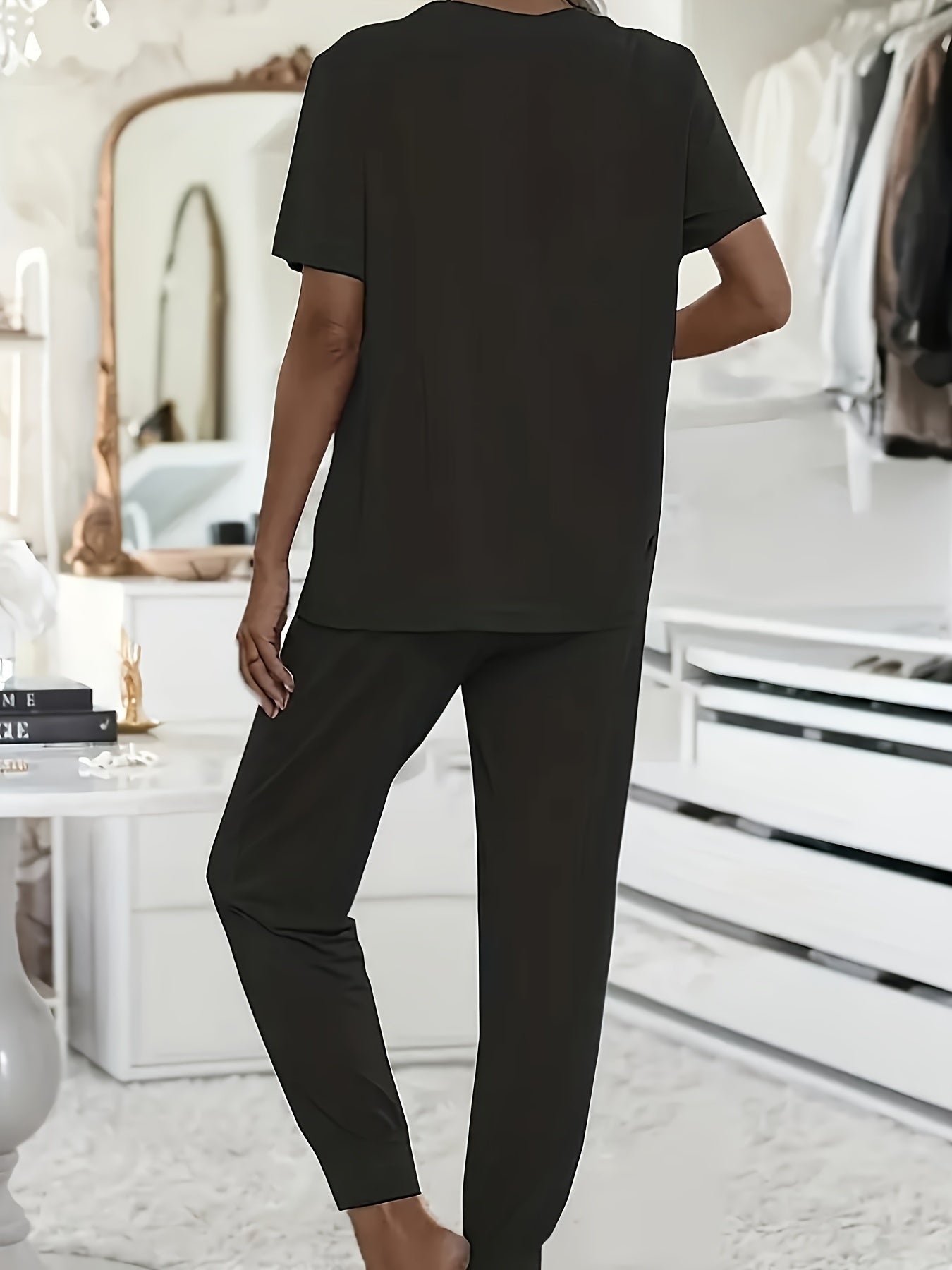 Women's Plus Lounge Set Solid Round Neck Top and Drawstring Pants