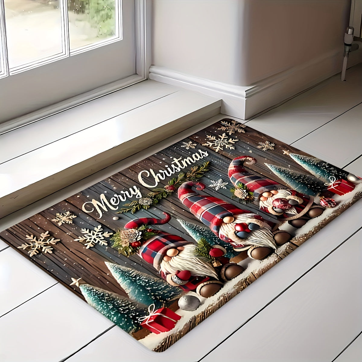 Christmas Gnome Doormat Polyester Indoor Rug with Anti-Slip Backing
