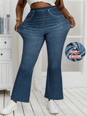 Plus Size Women's Stretchy Denim Flared Pants Wide-Leg Bell Bottoms Casual Trousers