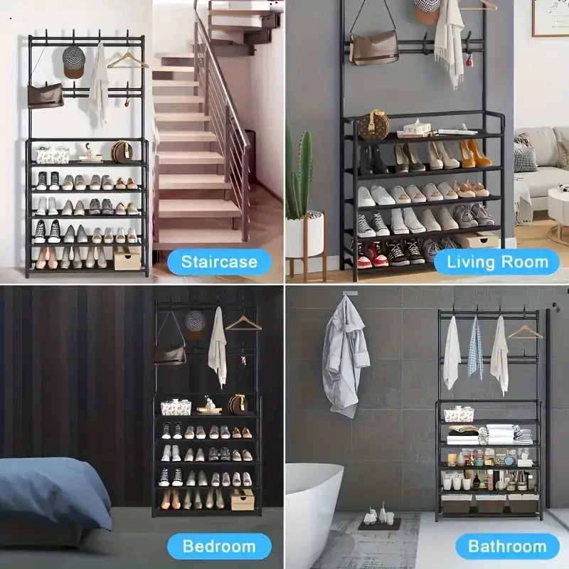 Estante para zapatos de metal de 5 capas, 8 ganchos, almacenamiento multiusos para dormitorio y baño