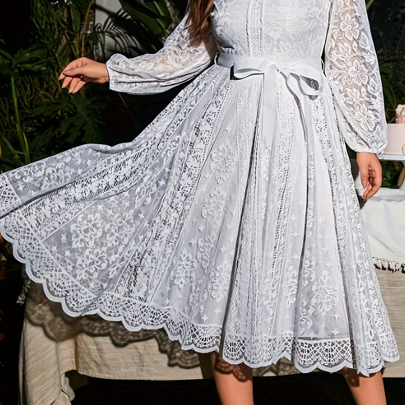 Plus Size Lace Dress for Women with Lantern Sleeves Tie Waist High-Low Hem Polyester