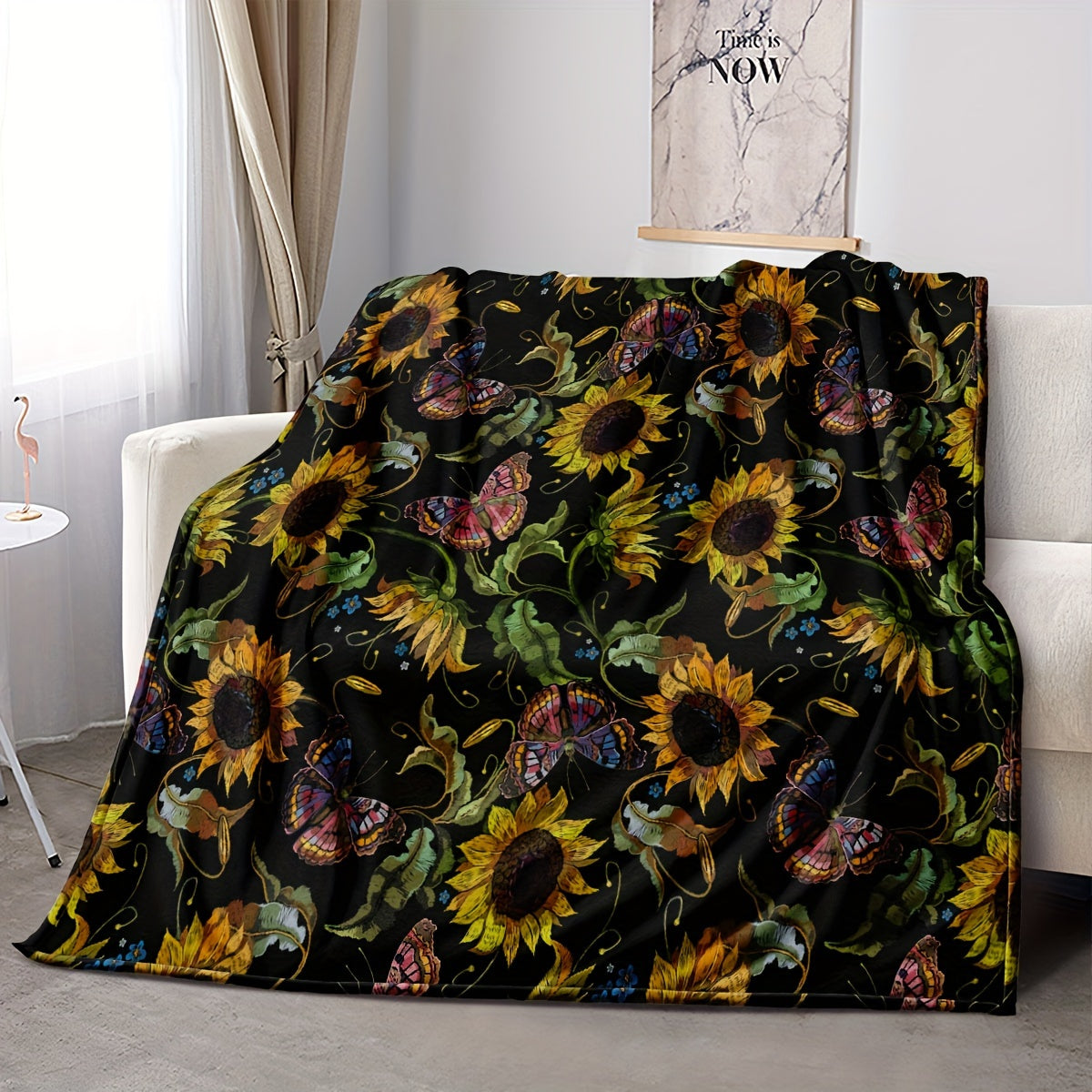 Sunflower Fleece Throw Blanket All-Season Floral Pattern Soft Warm Multi-Use 250-300g