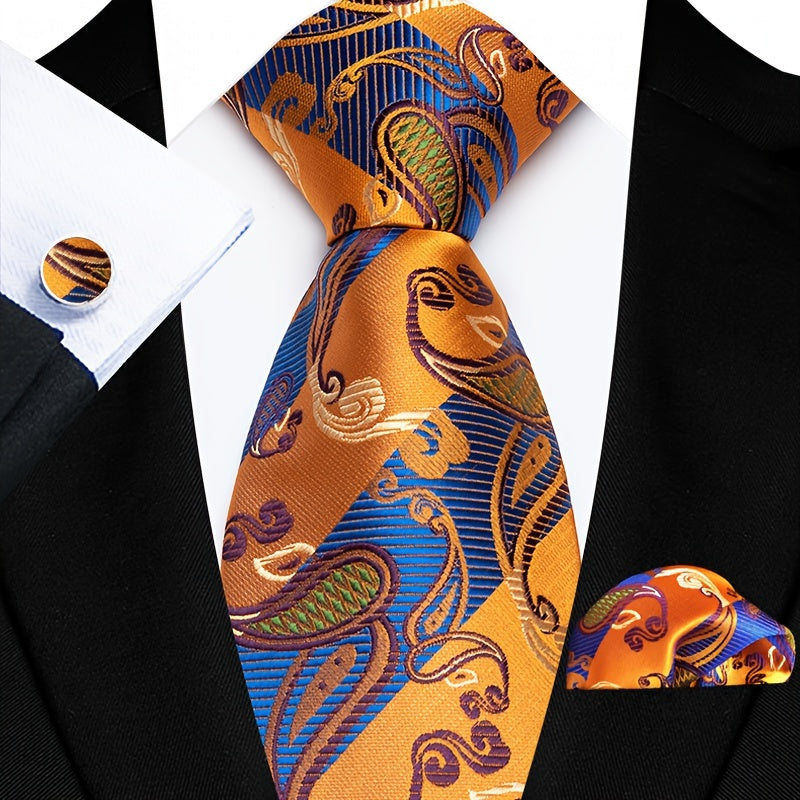 Erkaklar uchun zamonaviy galstuk to'plami, mos keladigan cho'ntak shartlari, manşetli kalitlar va to'quv uchun to'quv soati, to'ylar va biznes uchun