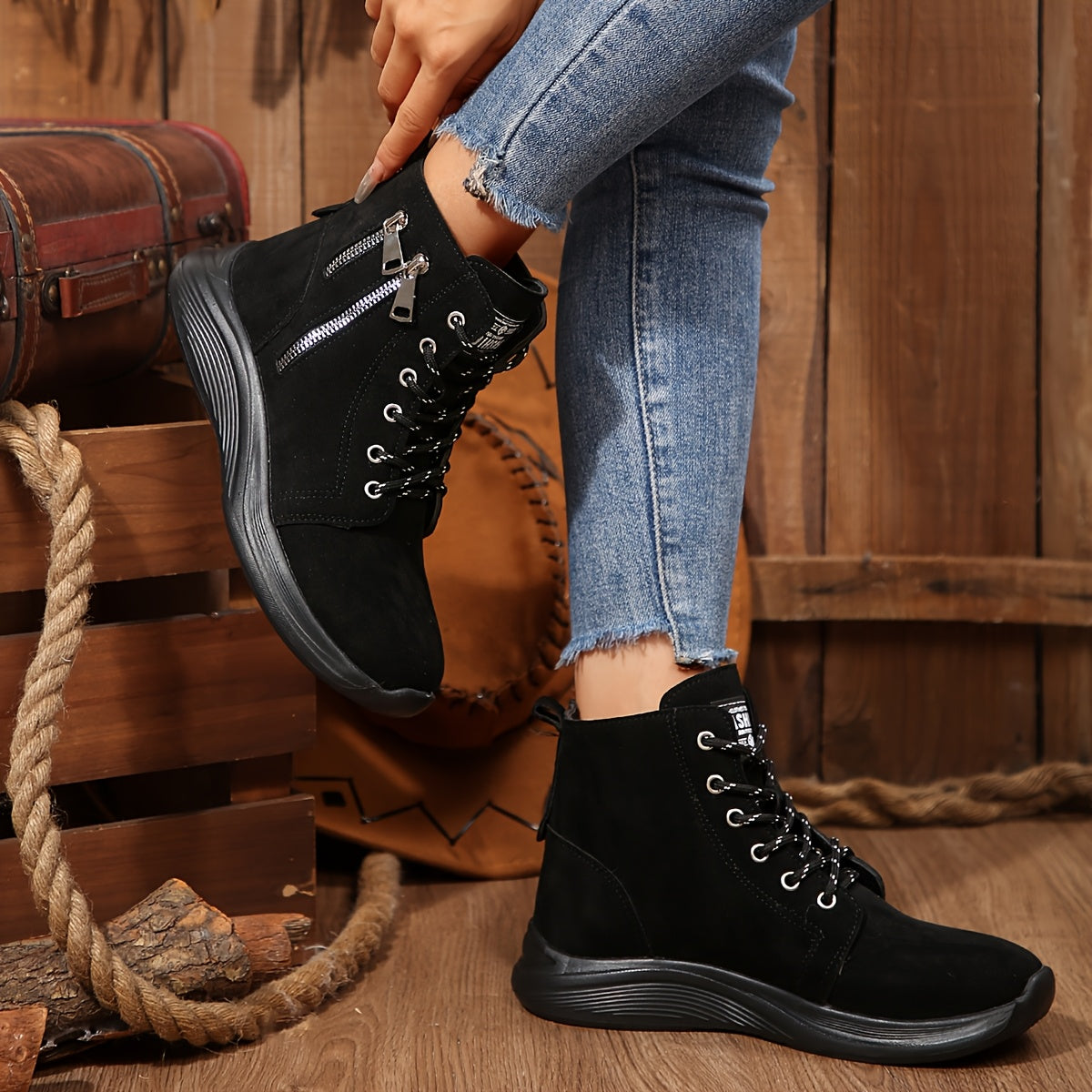 Women's Ankle Boots Solid Color Casual Lace-Up Round Toe Flat Heel