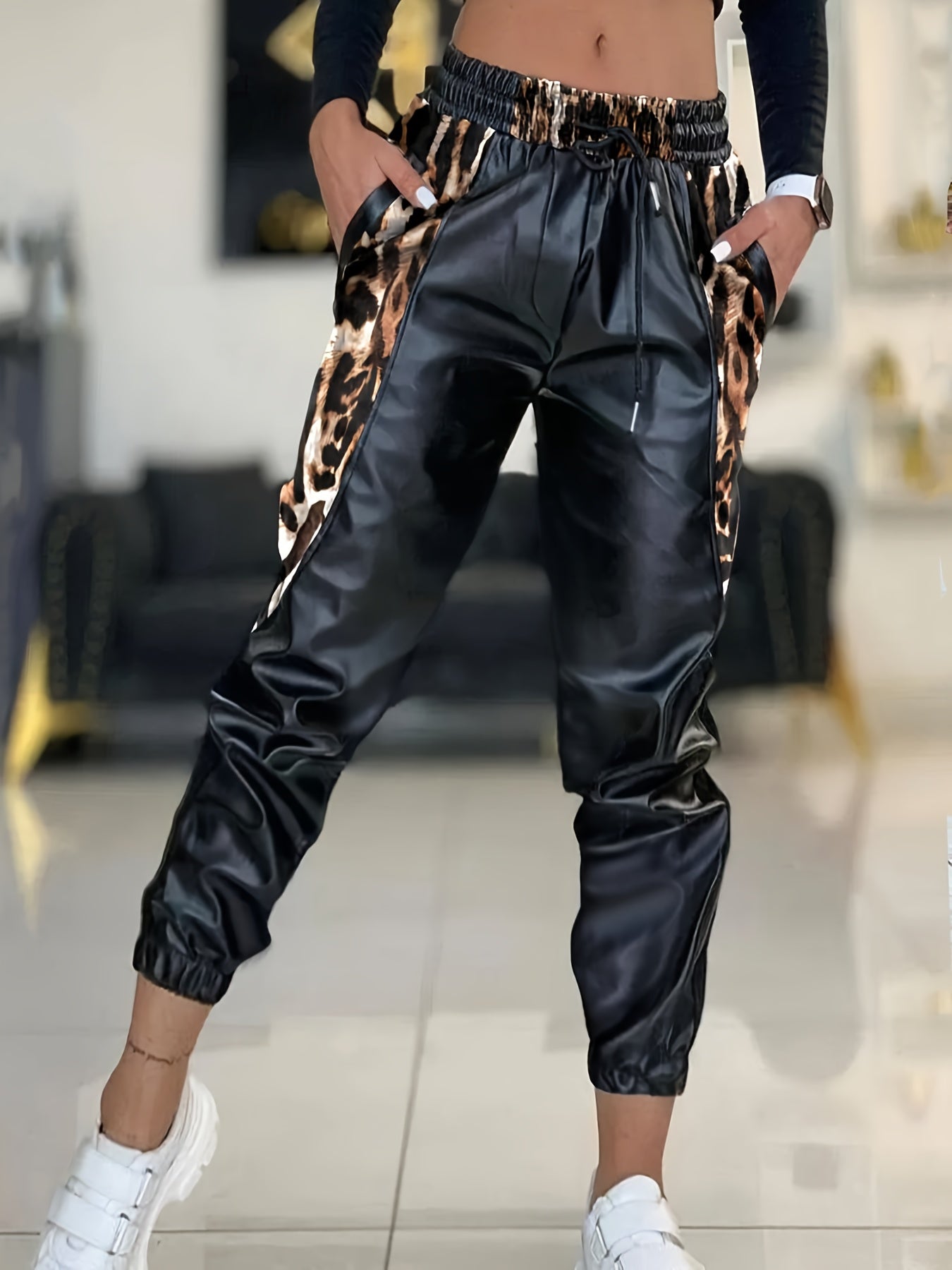 Women's High-Waisted Joggers with Leopard Print Panel Casual Comfortable Versatile