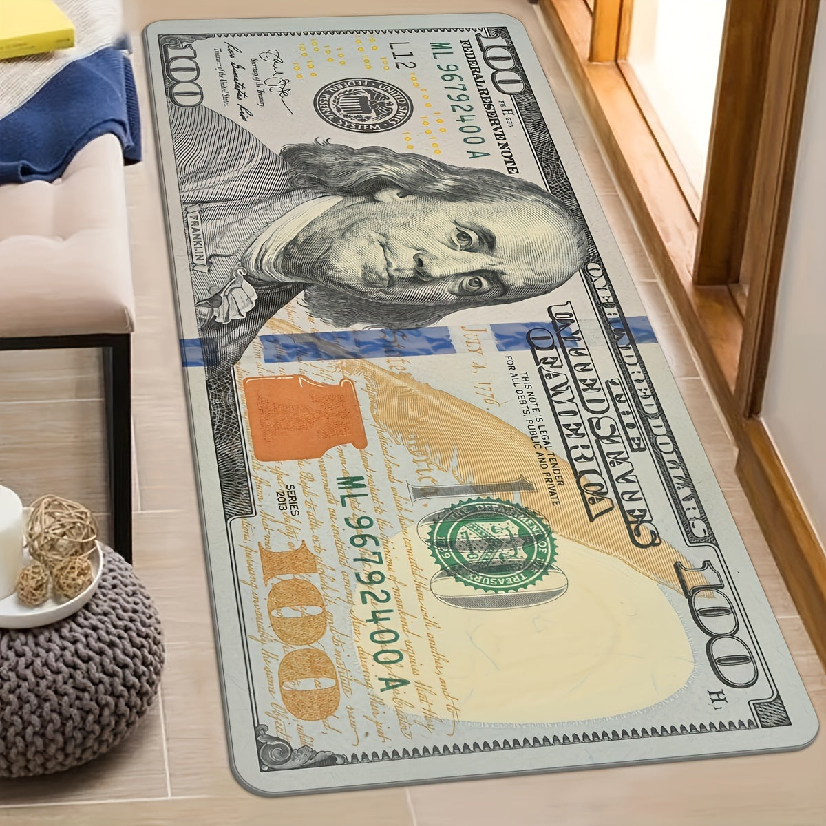 Non-Slip Runner Rug with $100 Bill Design, Machine Washable Polyester, Anti-Skid Backing