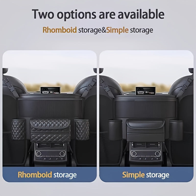 PU Leather Car Seat Back Organizer with Multi-Pocket Storage Waterproof Durable Black Quilted