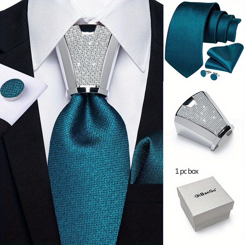 Men's Business Accessory Set with Silver Ring Cufflinks and Handkerchief