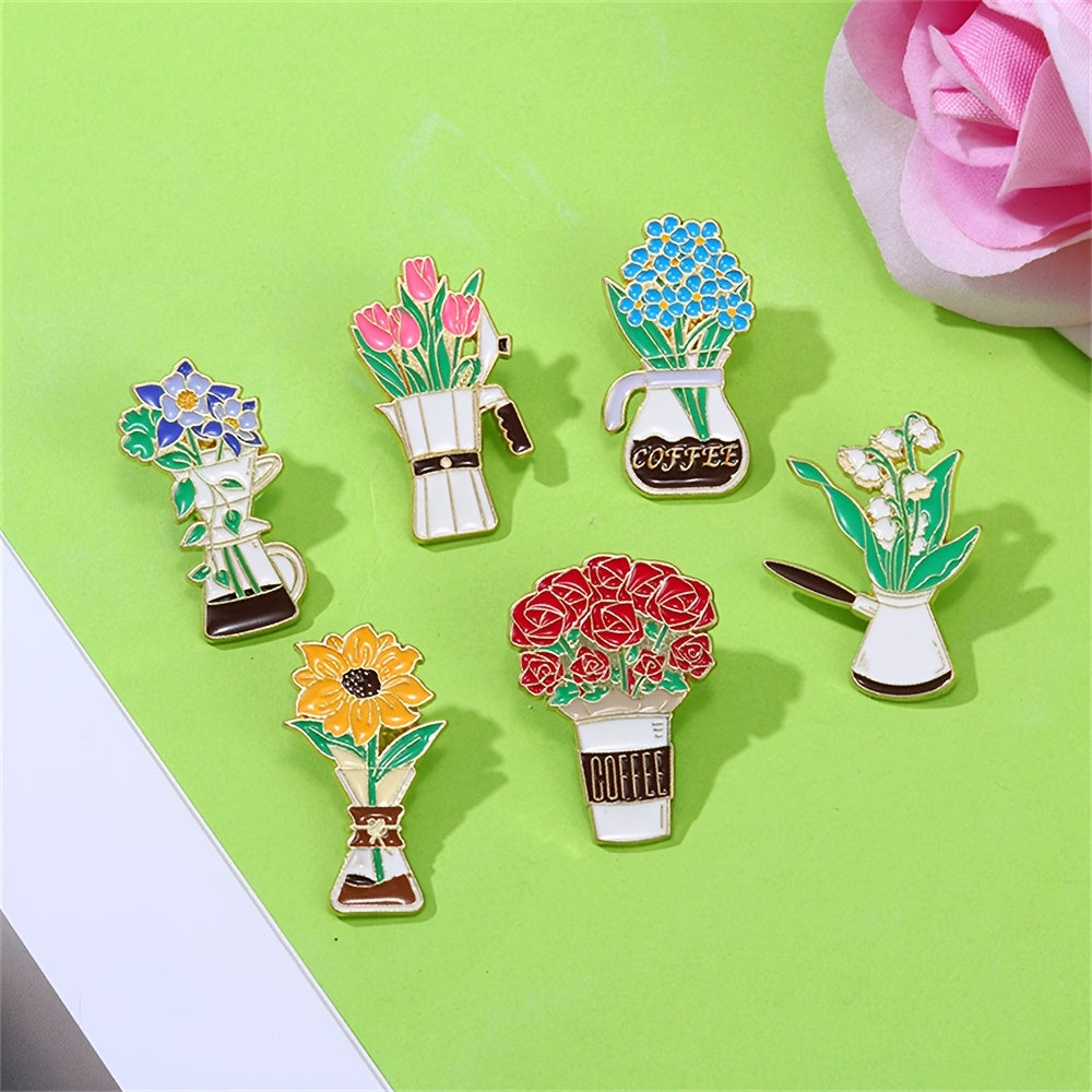 Set of 6 Minimalist Alloy Coffee Flower Enamel Brooch Pins Irregular Shaped Lapel Accessories