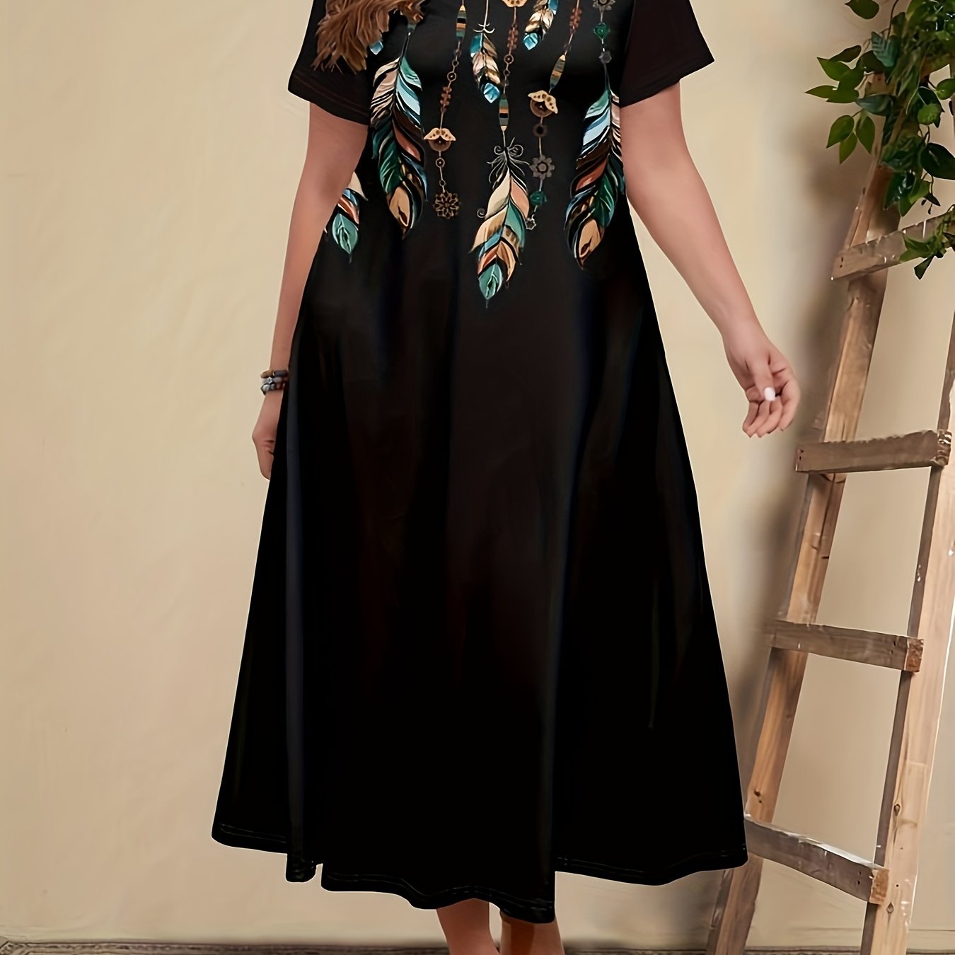 Plus Size V-Neck Tunic Dress with Elegant Print and Slight Stretch Knit Fabric