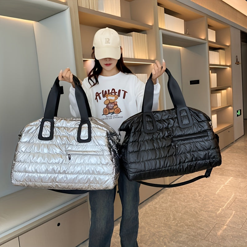 Down Quilted Travel Bags with Zipper, Lightweight Sports and Fitness Duffel Bags in Black White Blue