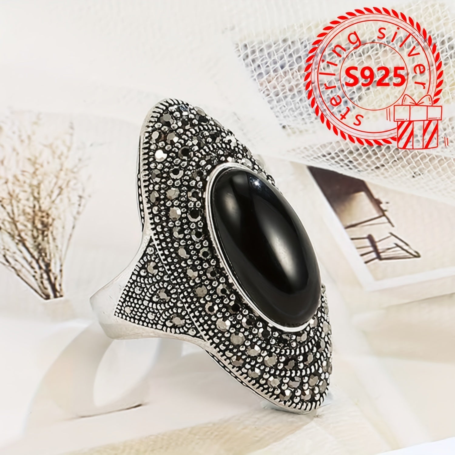 Women's Silver Ring with Black Agate Stone Inlay, Retro Style, 8.1g