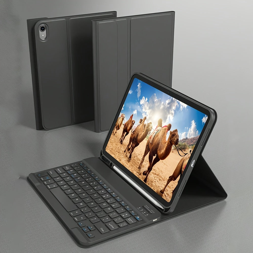 10th Gen iPad PU Leather Case with Wireless Keyboard Pen Holder Sleep Wake Stand Type-C Charging Black