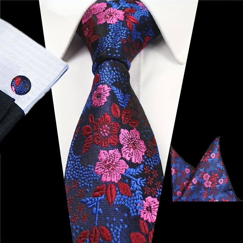 Men's 3-Piece Tie Set Floral Design Polyester Necktie Pocket Square Cufflinks for Weddings Business