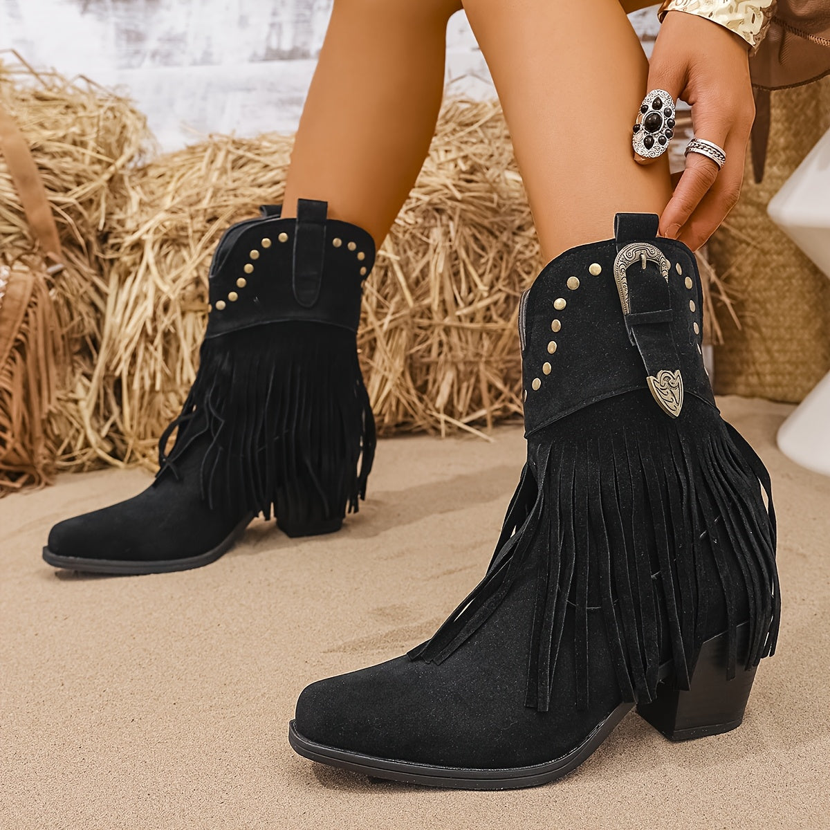 Women's Western Cowboy Boots with Rivets Fringe Fabric Upper All-Season