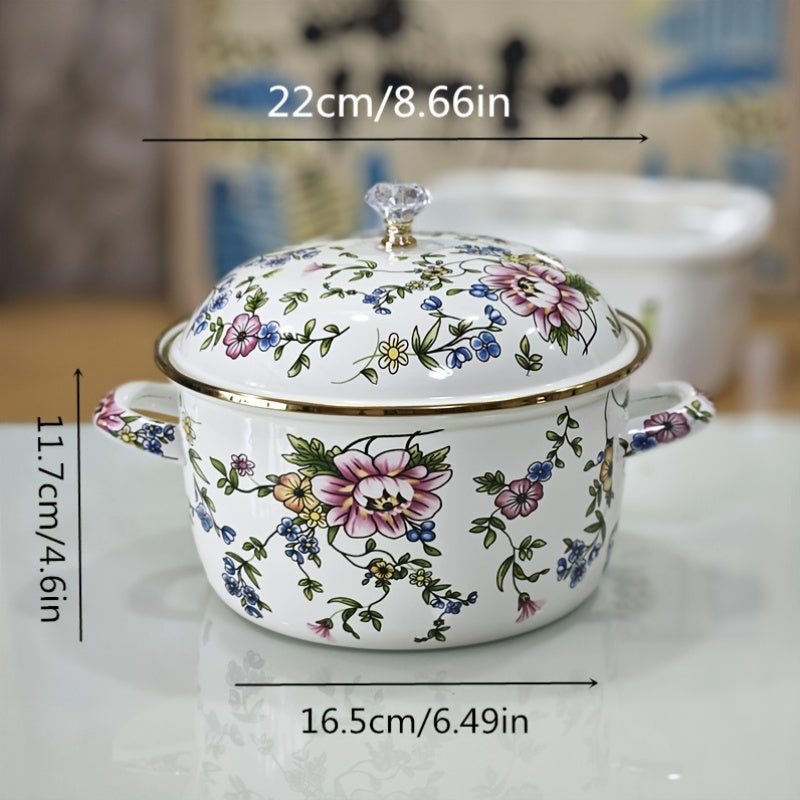 Enamel Stockpot with Lid Floral Design Double Handle for Soup Stew Casseroles