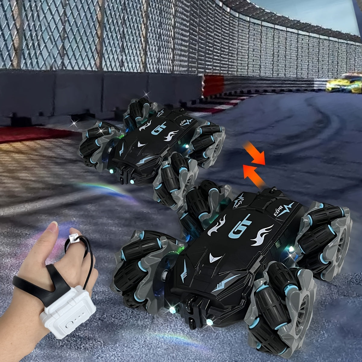 Coche de acrobacias RC con temática de fantasía con control por gestos, luces LED y música para niños de 8 años en adelante