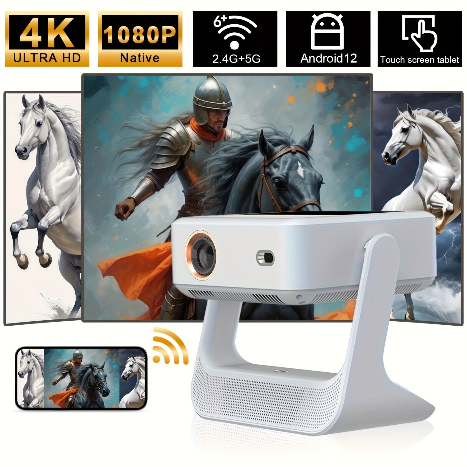4K Supported Projector with Touch Screen, 1080p, WiFi 6 for Home Theater