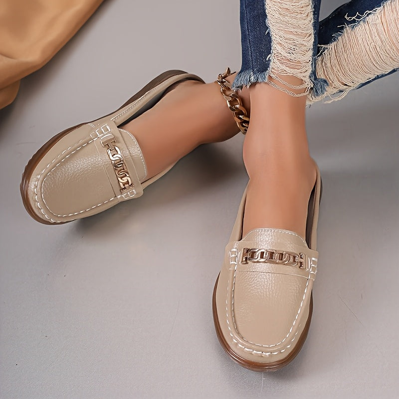 Women’s Fashion Mules Slip-Resistant Flats with Metallic Buckle in Beige Black Blue