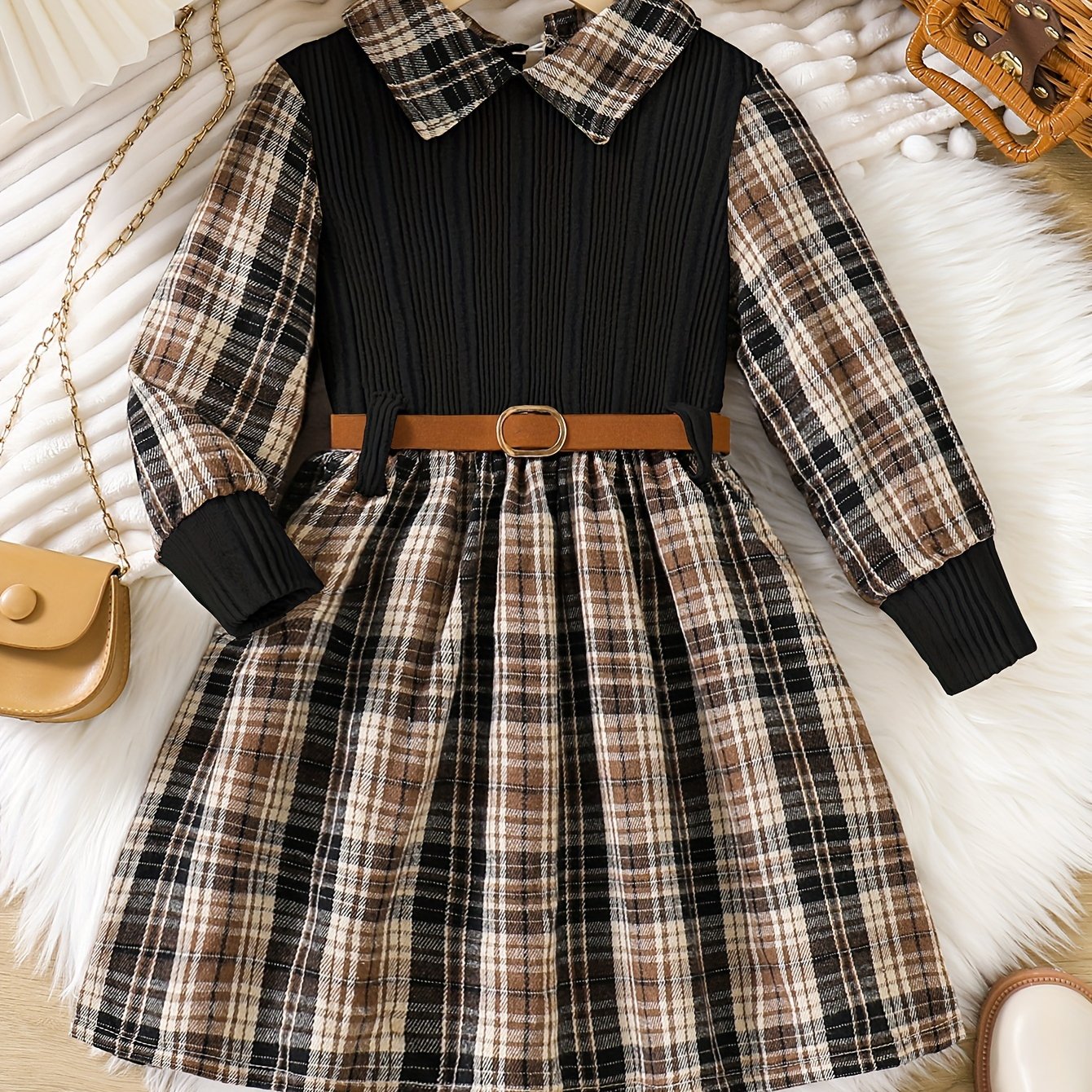 Girls' Long Sleeve Plaid Knit Dress with Belt for Spring and Fall