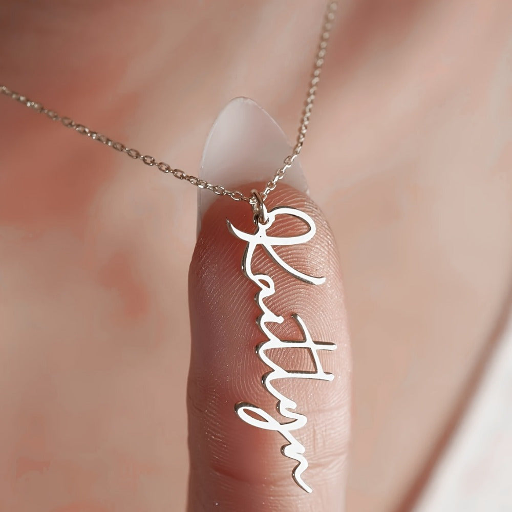 Personalized Stainless Steel Name Necklace Vertical Pendant Cursive Script for Women