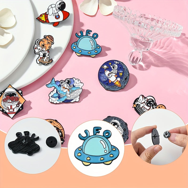 9 ta kosmik mavzudagi astronavt emal pinlari, sumkalar, shapka, kurtka uchun alloy broshlar to'plami