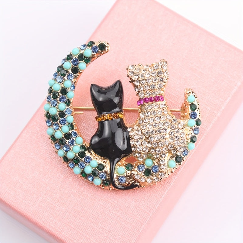 Rhinestone Cat and Moon Brooch Pin Alloy Fashion Accessory for Women