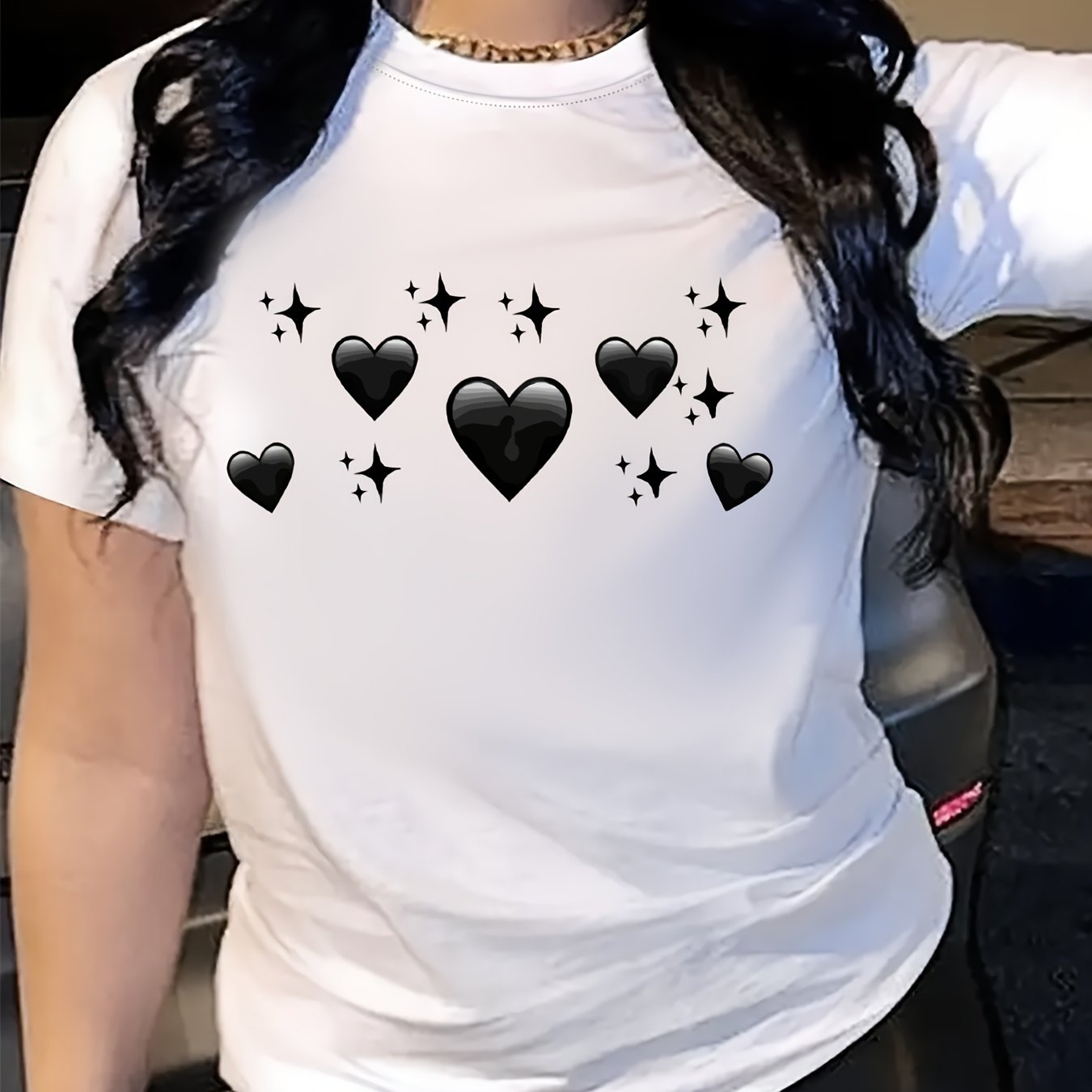 Women's Oversized Bright Pink T-Shirt with Black Heart & Star Print Casual Top