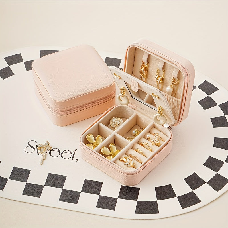 Organizador pequeño de joyas con espejo y cierre de cremallera para viaje, con tres capas y múltiples compartimentos