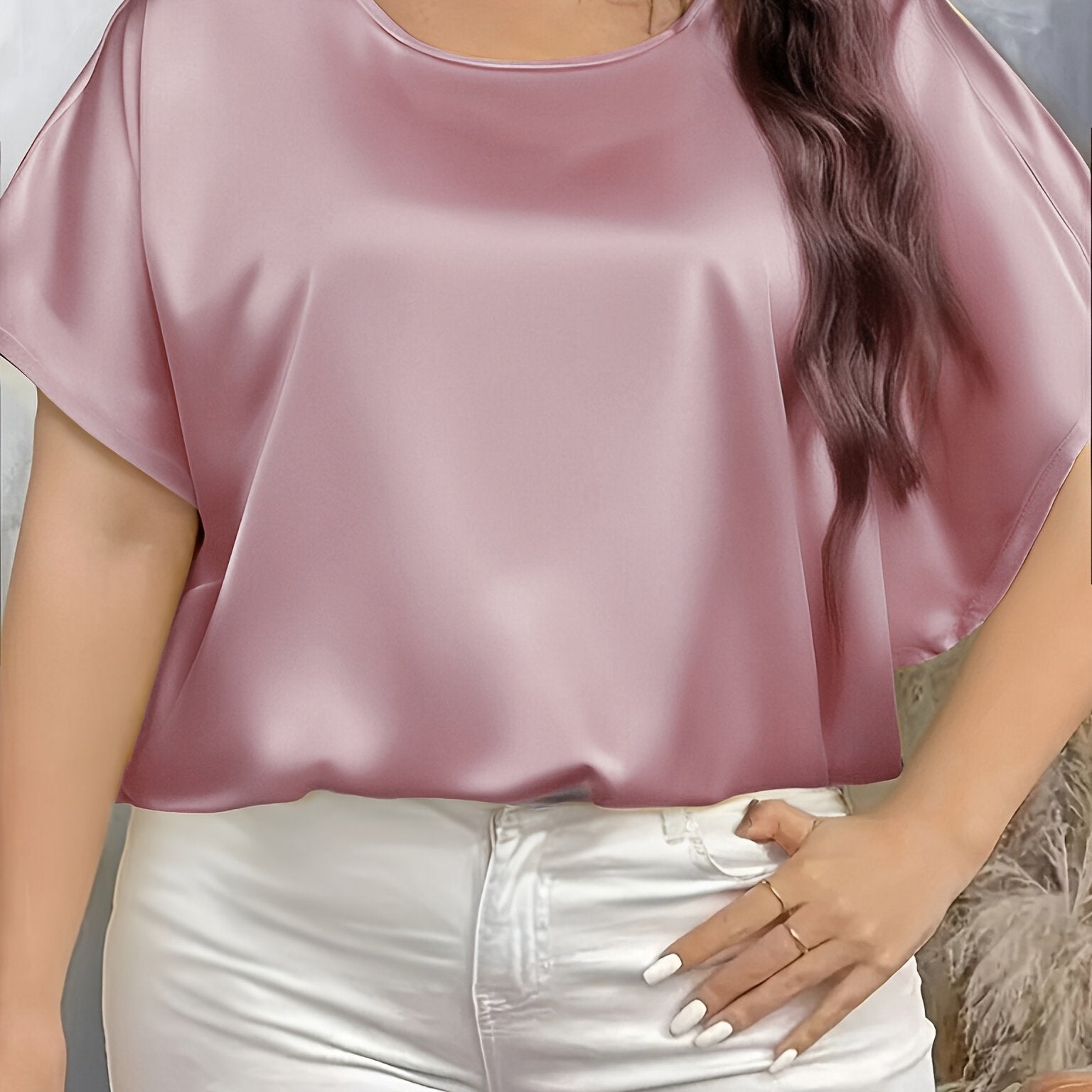 Women's Plus Size Red Short Sleeve Top Loose Fit Polyester All-Season Casual