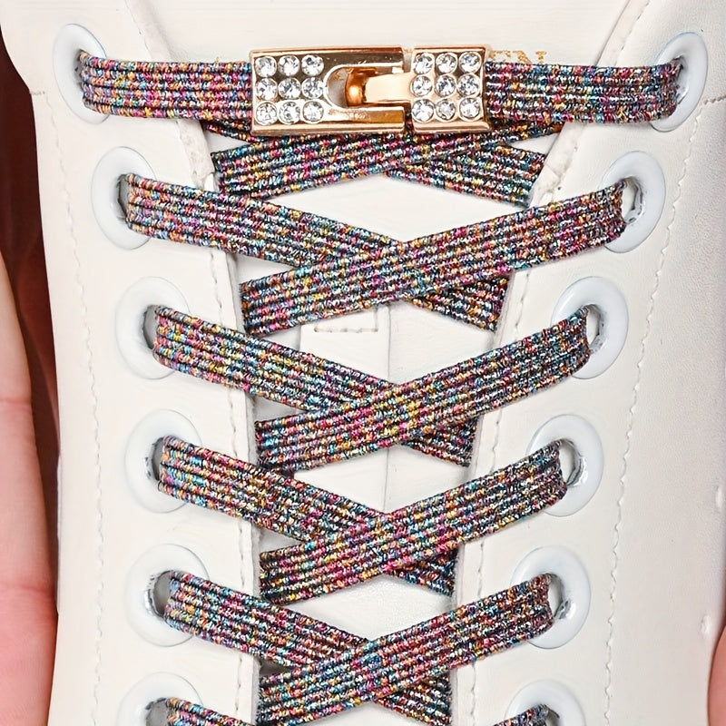 Unisex Rainbow Rhinestone Buckle Shoelaces 3 Pairs, Elastic, Fashion