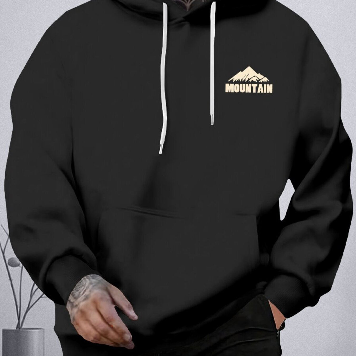 Sudadera de poliéster con forro de vellón con estampado de montaña para hombre de tallas grandes