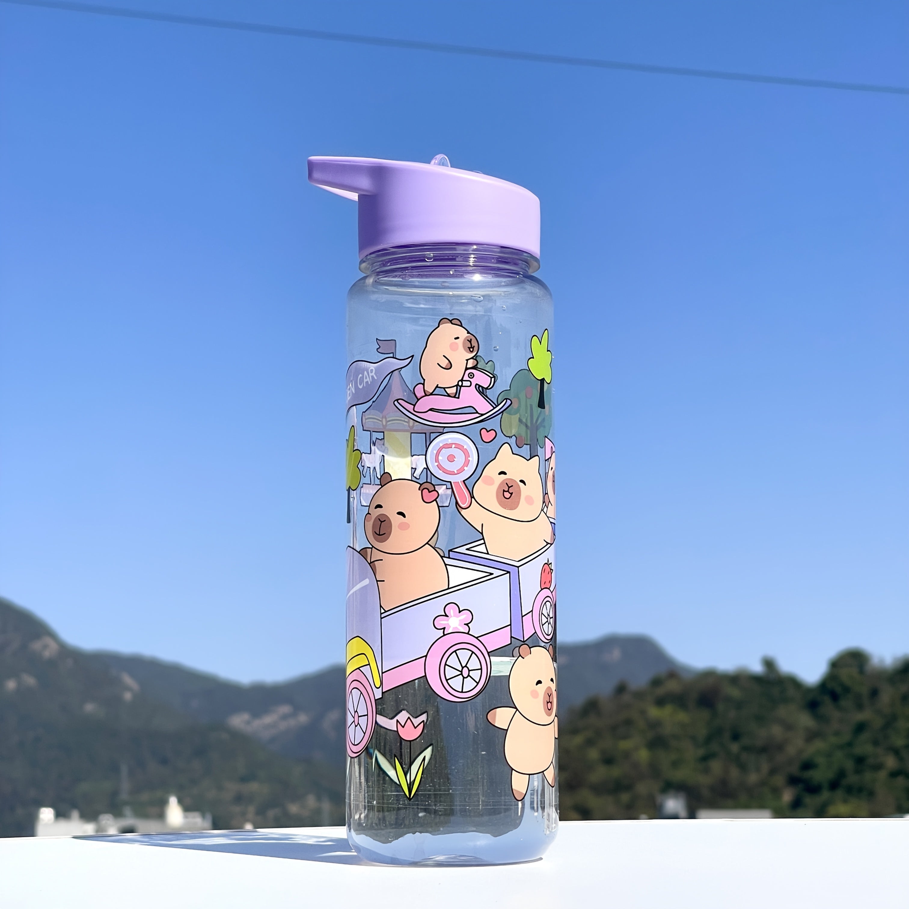 Cute Cartoon Kawaii Water Bottle PVC-Free Plastic Round Lightweight Hand Wash Climbing Sports