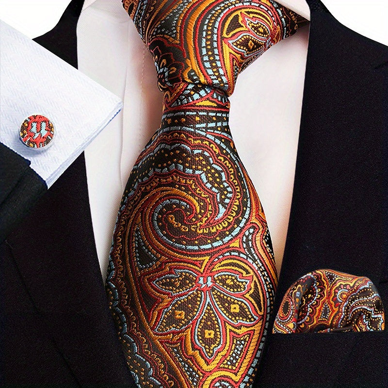 Set of 3 Paisley Jacquard Woven Neckties with Cufflinks and Pocket Squares for Men